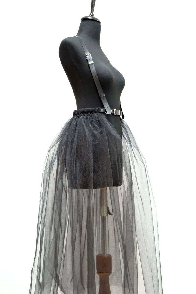 Black Tulle Harness Skirt Back View Flowing Fabric