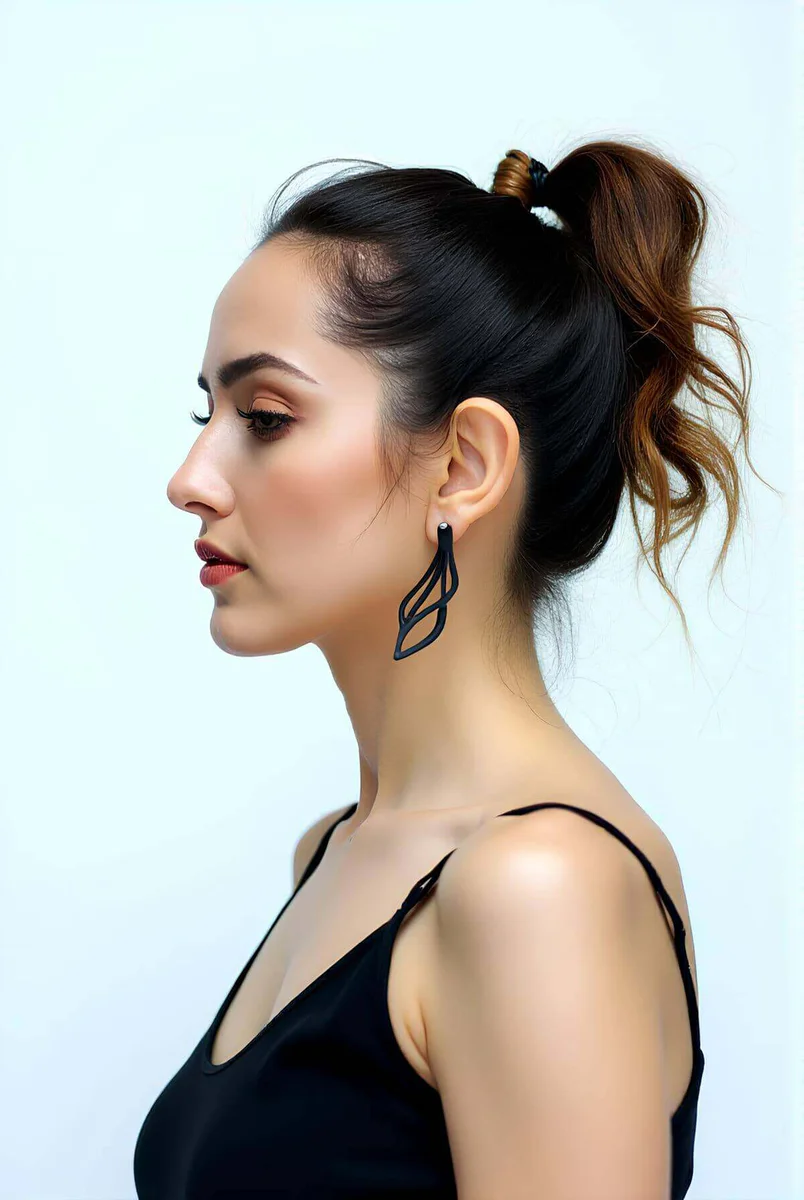 Black Laser Cut Feather Drop Earrings Side Profile