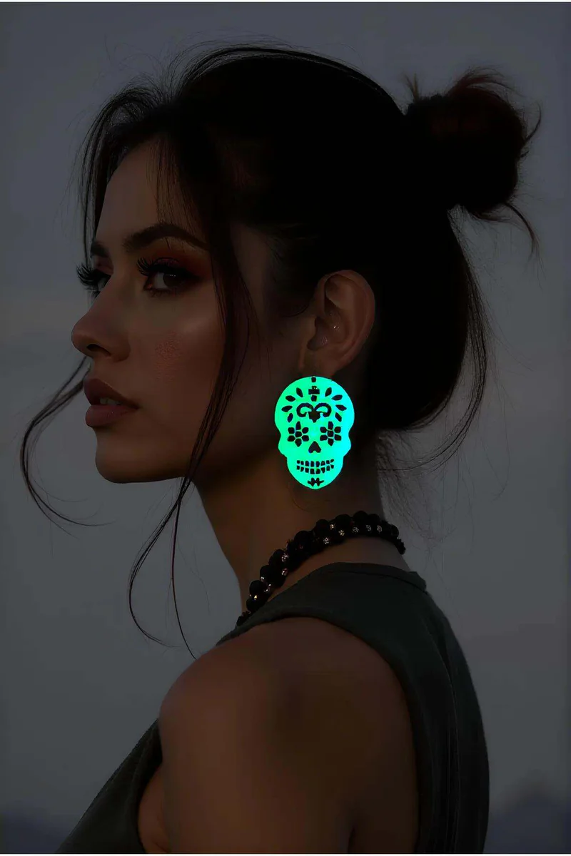 Glow Skull Laser Cut Drop Earrings Green-Blue Luminous Acrylic Day of the Dead Style