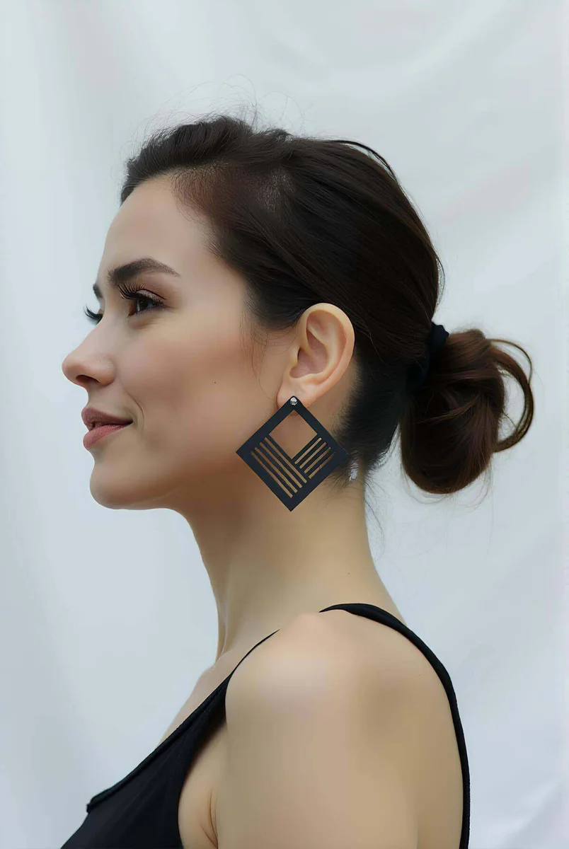 Geometric Square Drop Earrings Black Laser Cut Pattern