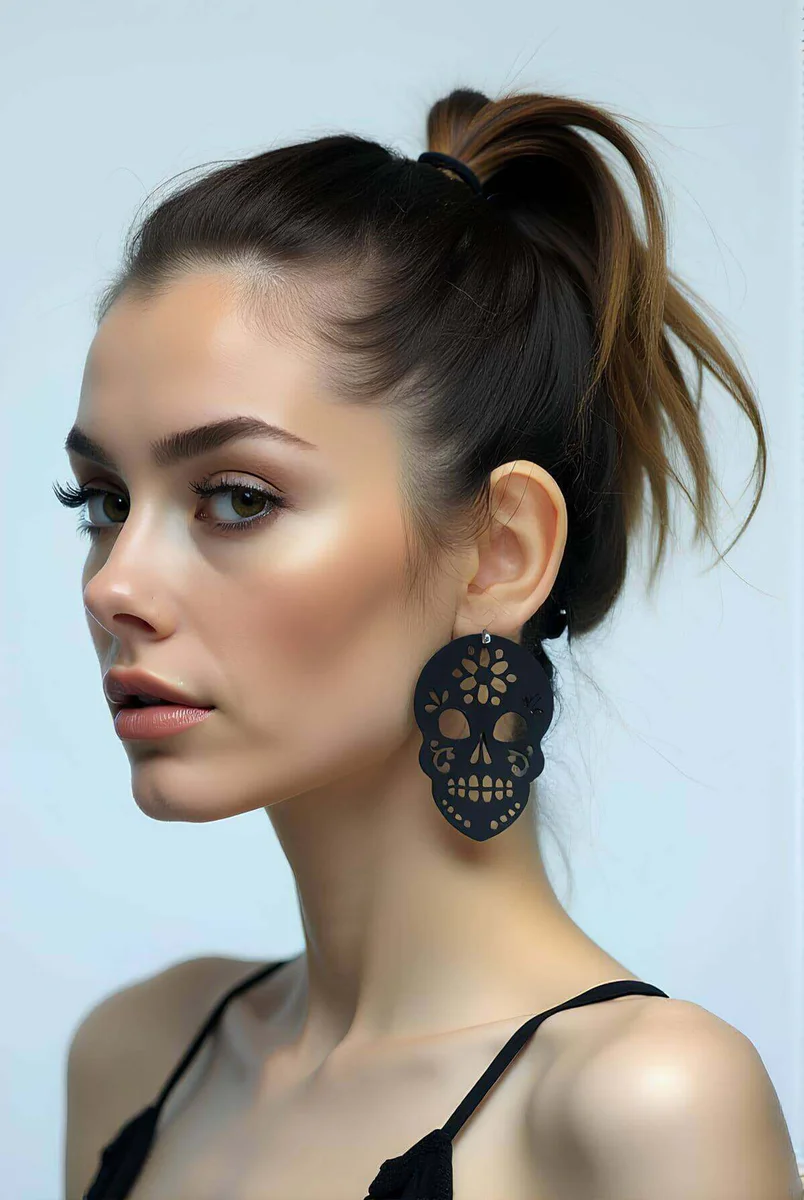 Black Laser Cut Sugar Skull Earrings side