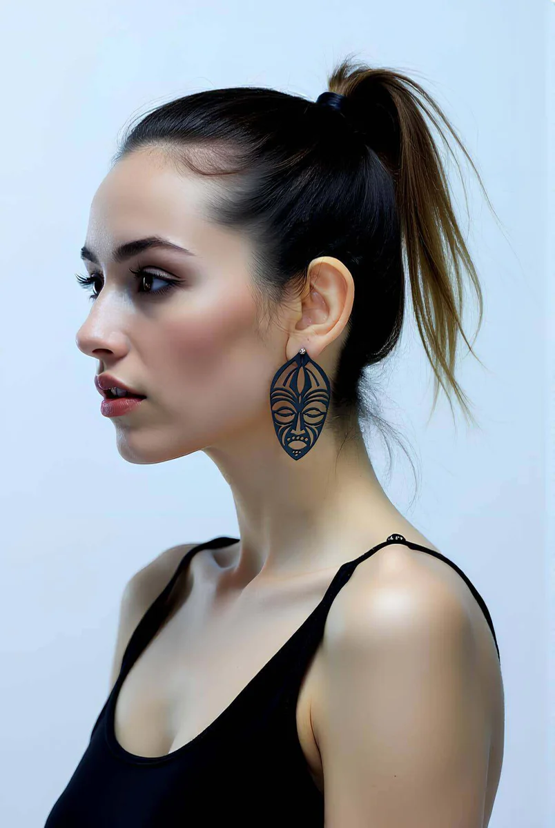 Black Ethnic Mask Faux Leather Earrings Laser Cut Lightweight