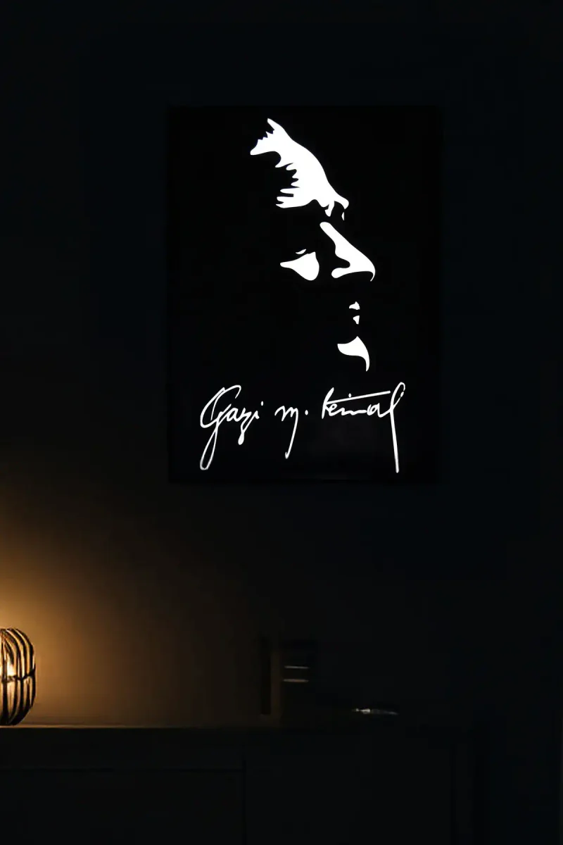 Reflective Ataturk Profile Wall Art with Signature on black faux leather, illuminating in dark setting