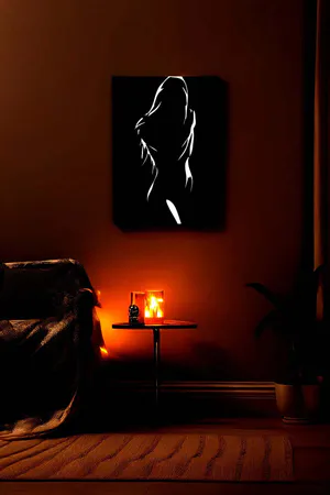 Decorative Painting with Reflective Female Figure and Black Leather Background