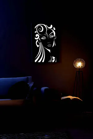 Modern Painting with Reflective Stylized Female Figure and Black Leather Background