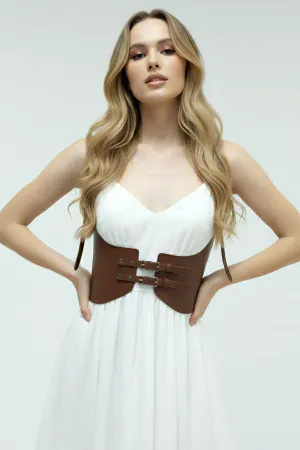 Brown Faux Leather Wide Underbust Harness Belt Dual Buckles