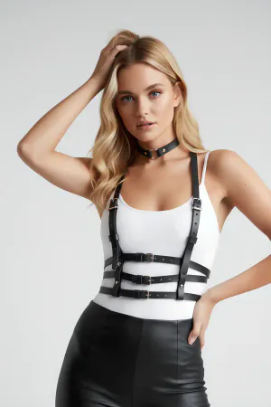 Black Faux Leather Chest Harness Set with Choker Women Adjustable Straps