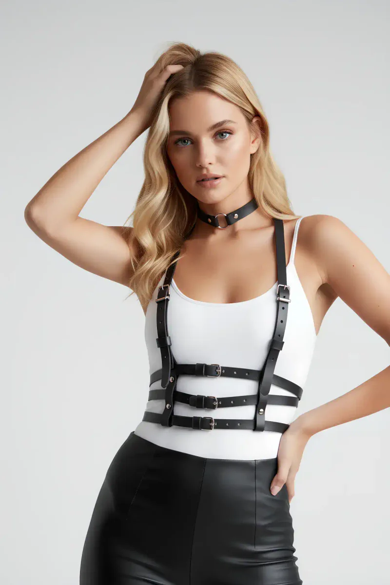 Black Faux Leather Chest Harness Set with Choker Women Adjustable Straps
