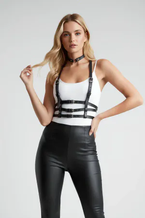Black Faux Leather Chest Harness Set with Choker Women Adjustable Straps