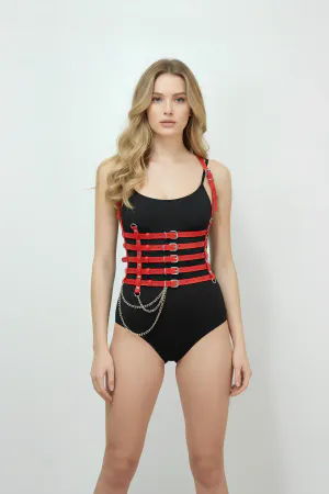 Zincir Detaylı 5 Sıralı Kırmızı Deri Kemer, Deri Korse Kemer - APFT626