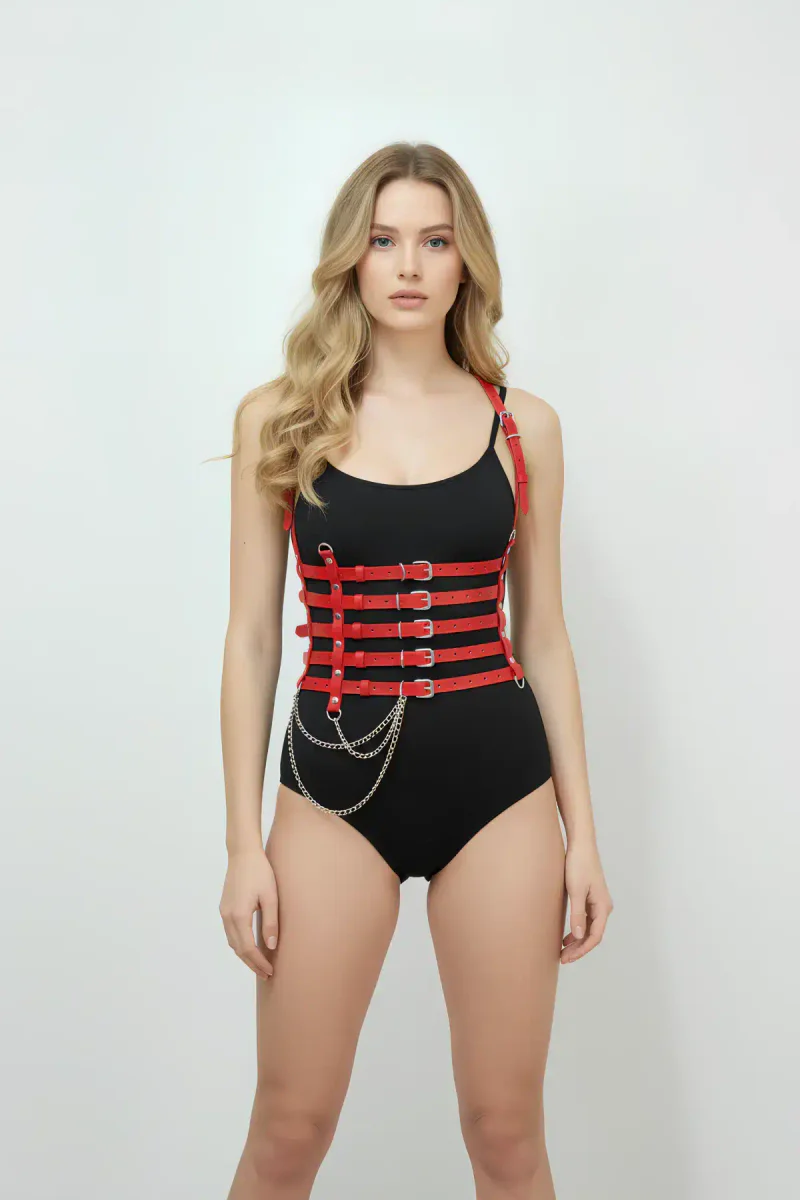 Red faux leather festival waist harness belt