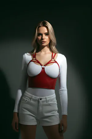 Göğüs Detaylı Deri Kırmız Harness Büstiyer, Şık Deri Korse - APFT872