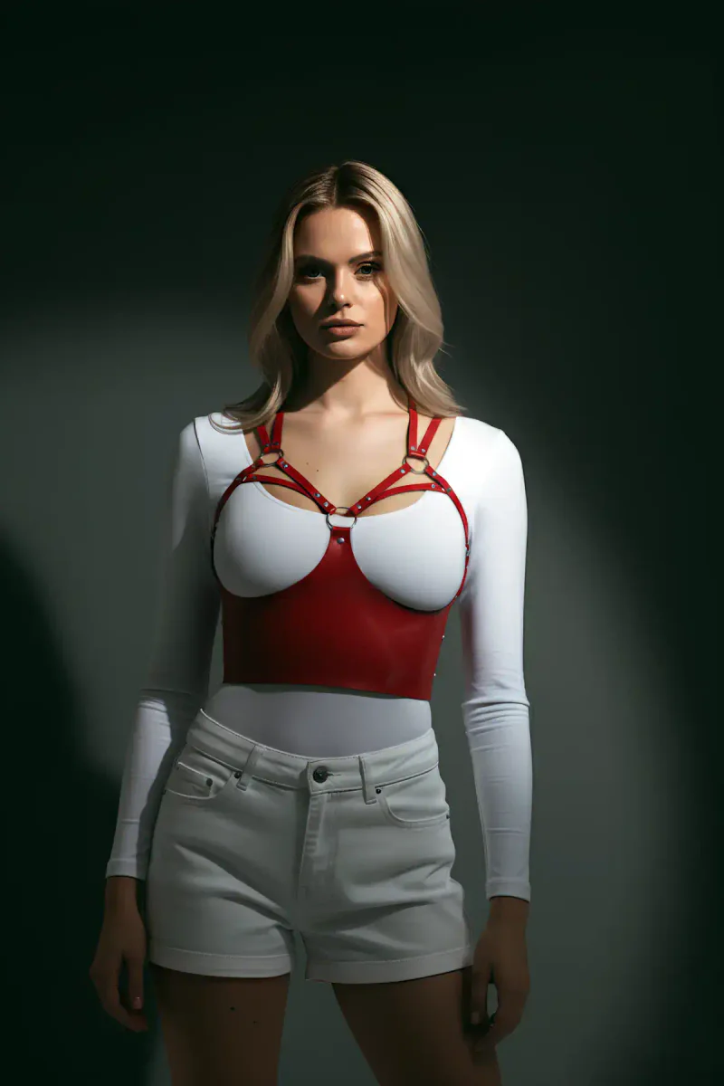 Red Vegan Leather Harness Bustier Front