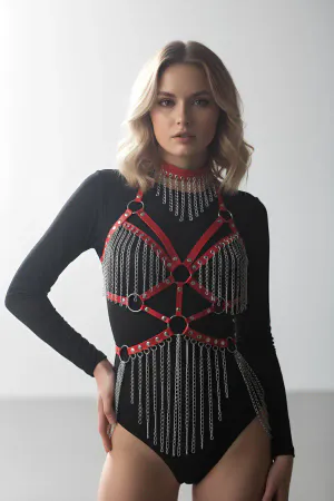 Leather and Chain Detailed Harness Set, Leather Dancer Costume, Choker Detailed Leather Harness - APFT1397