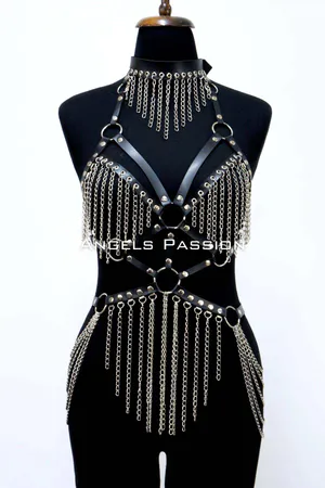 Leather and Chain Detailed Harness Set, Leather Dancer Costume, Choker Detailed Leather Harness - APFT1397