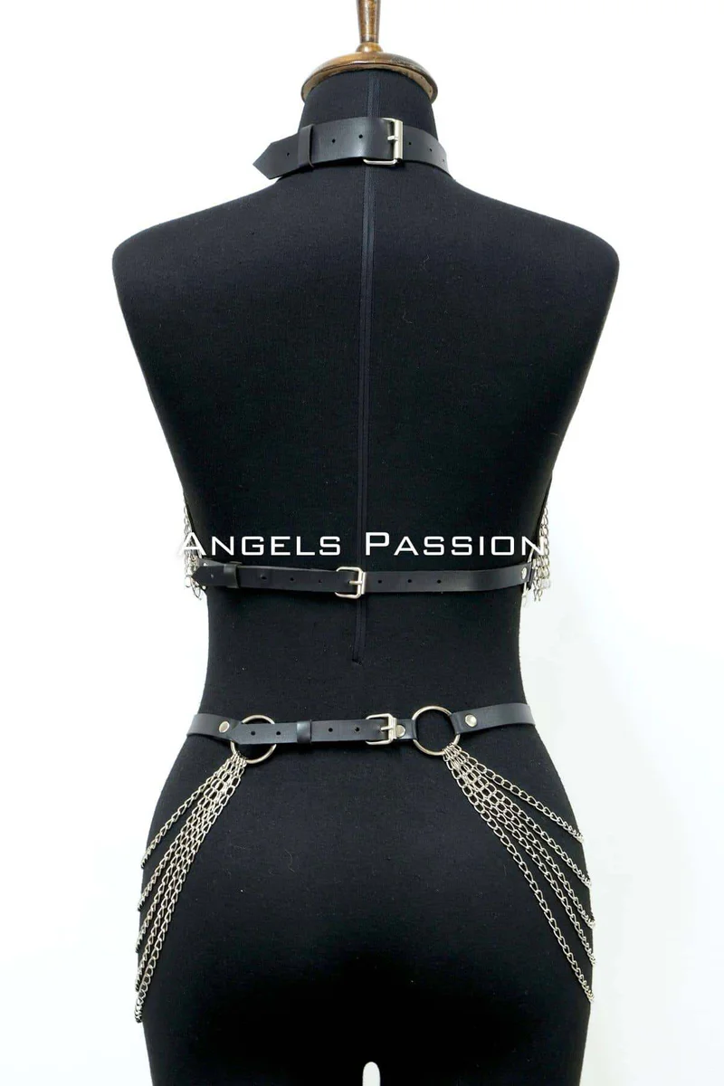 Red Chain Body Harness - Adjustable Leather Choker