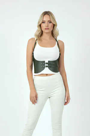 Dark Green Faux Leather Underbust Corset Harness with Buckles