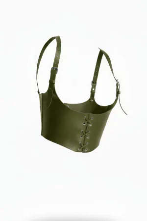 Khaki Faux Leather Corset Harness Top Front Lacing Detail Adjustable Shoulder Straps