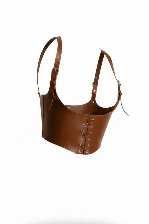 Tan Faux Leather Underbust Corset Harness Front View Adjustable Shoulder Straps