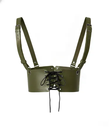 Khaki Faux Leather Underbust Harness Front Lace-Up Detail Adjustable Shoulder Straps Silver Buckles