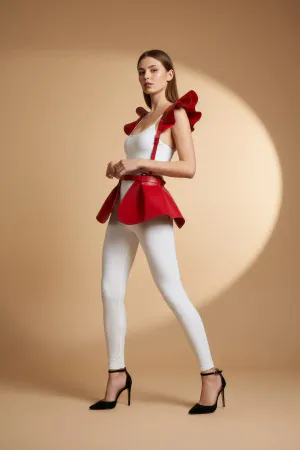 Red Leather Peplum Harness Skirt with Ruffle Shoulders for Women