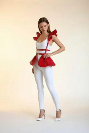 Red Leather Peplum Harness Skirt with Ruffle Shoulders for Women