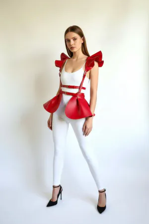 Red Leather Peplum Harness Skirt with Ruffle Shoulders for Women