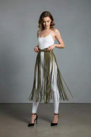 Long Fringe Skirt Women - High Waist Olive Green Tassel Design