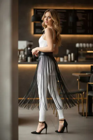 Fringe Skirt Long Black Faux Leather Tassel Belt for Women