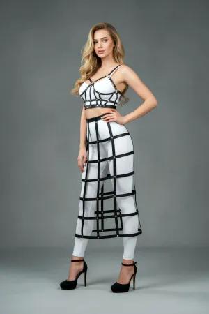 Black Faux Leather Cage Harness Top & Midi Skirt Set