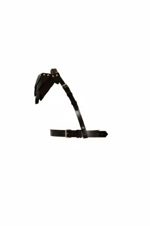 Black Faux Leather Asymmetric Shoulder Harness with Studded Epaulet and Waist Belt