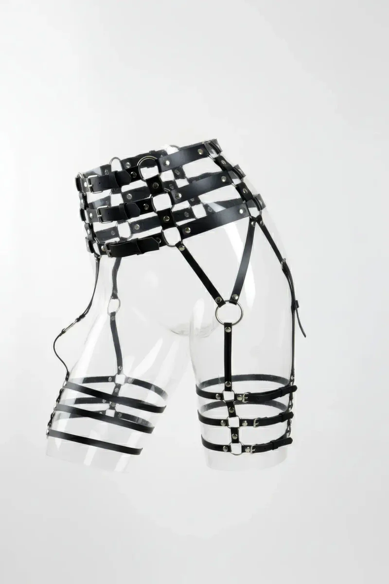 Black Faux Leather High Waist Caged Garter Harness with Multiple Thigh Straps