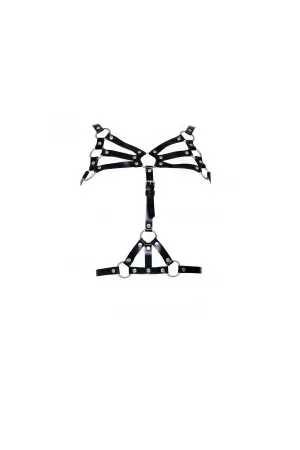 Black Faux Leather Caged Chest Harness Bra with Silver O-Rings and Adjustable Straps
