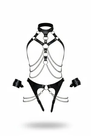 Black Harness Suit with Chain Detailed Neck Collar - APFT1067