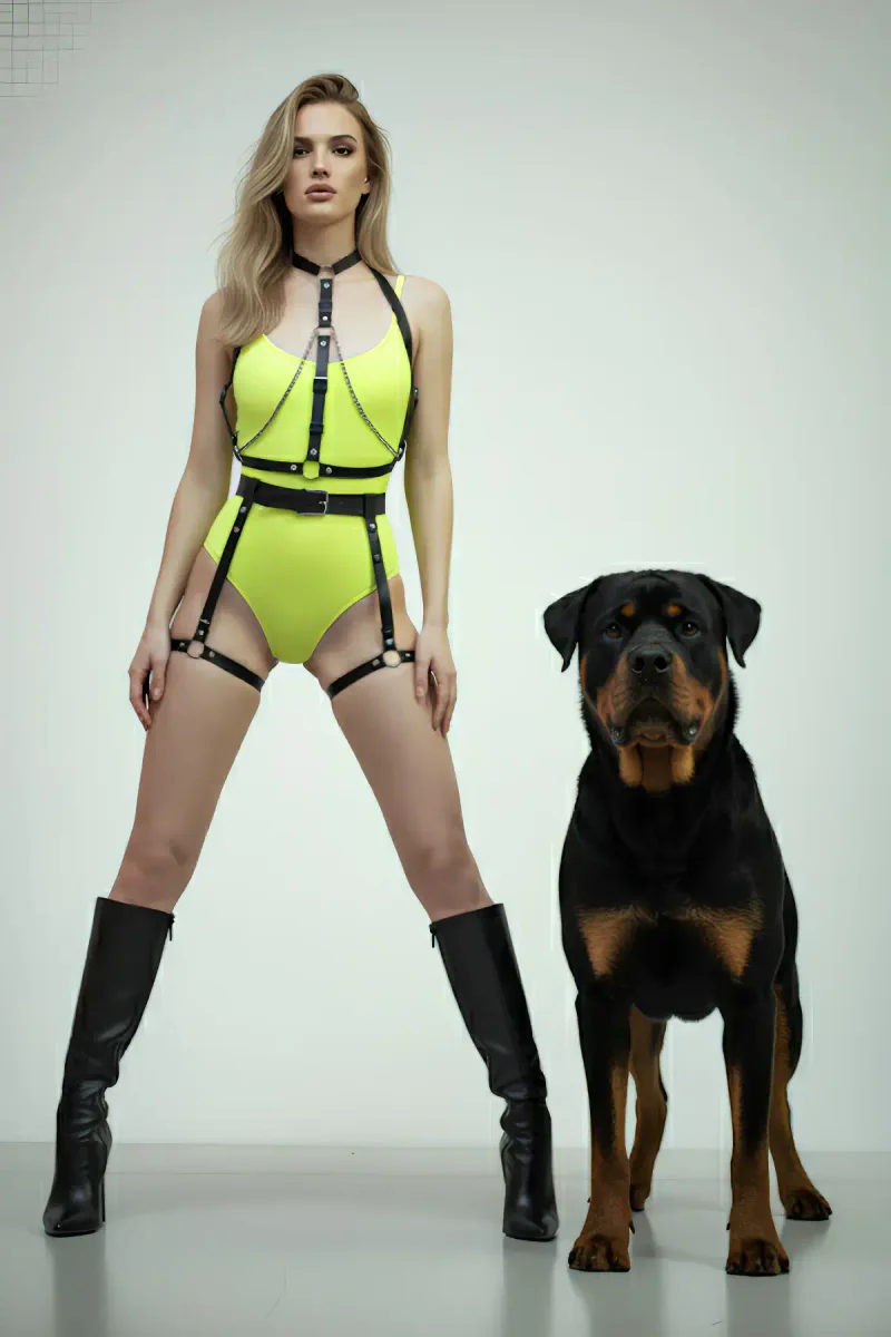 Black Harness Suit Chain Detailed Leather Body Accessory - APFT1068