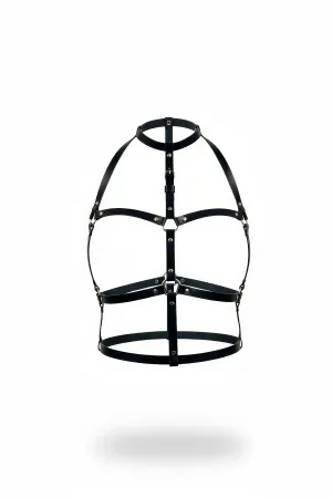 Black Caged Faux Leather Body Harness with O-Rings, Adjustable Straps and Choker Neck Design