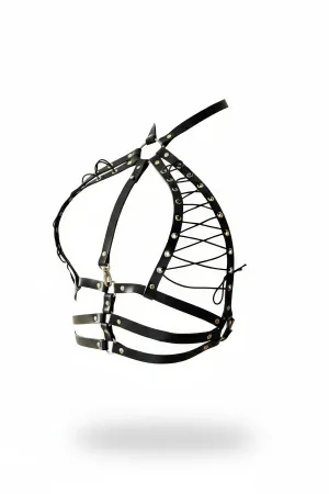 Black Faux Leather Chest Harness with Lace-Up Bust Panel, Silver Eyelets, and Adjustable Multi-Straps