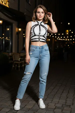 Black Faux Leather Cage Chest Harness Women Adjustable Straps Street Style