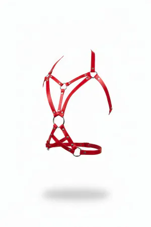 Red Faux Leather Body Harness Multi-Strap O-Ring Design Adjustable Fit