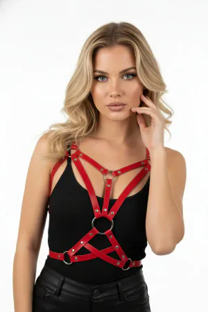 Red Women's Belt Metal Ring Detailed Body Accessory - APFT107
