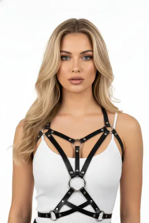 Black Faux Leather Caged Chest Harness with O-Ring Detail