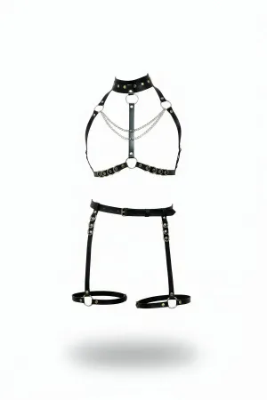 Black Harness Suit with Chain Detail and Metal Ring - APFT1081