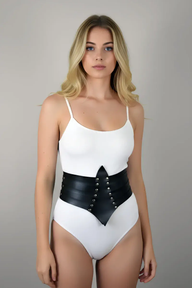 Black Women's Belt Thick Corset Studded Waist Accessory - APFT1087