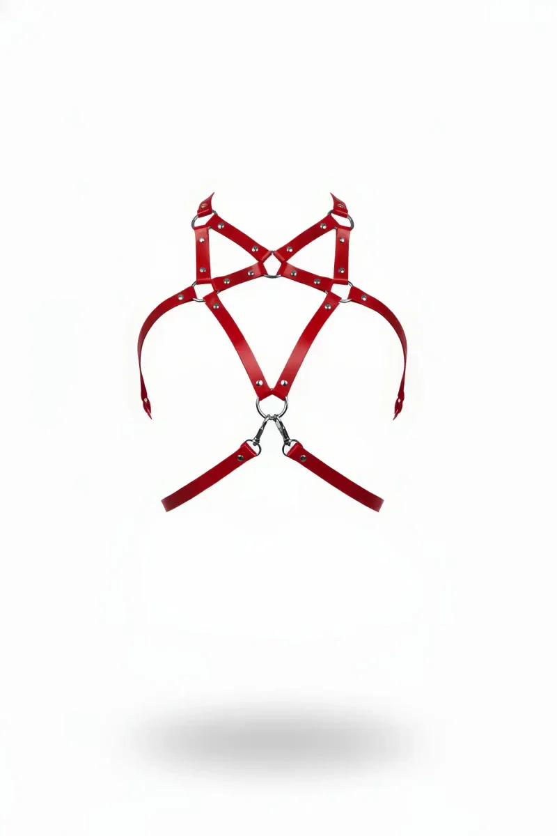Red Faux Leather Star Chest Harness with Silver O-Rings and Clasps