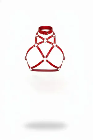 Red Faux Leather Body Harness with High Collar and O-Ring Chest Straps Women