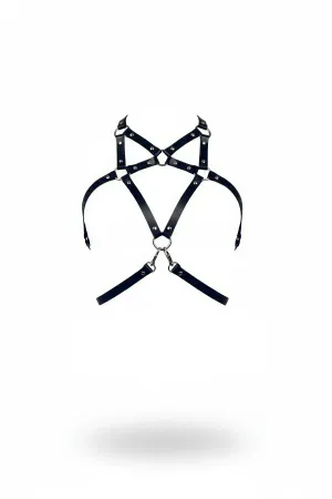 Black Faux Leather Multi-Strap Chest Harness with Silver O-Ring and Rivets