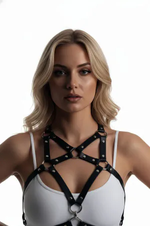 Black Faux Leather Criss-Cross Chest Harness with Silver O-Ring on Model