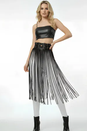 Long Fringe Skirt Faux Leather High Waist Belt Overlay