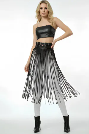 Long Fringe Skirt Faux Leather High Waist Belt Overlay