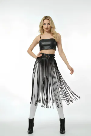 Long Fringe Skirt Faux Leather High Waist Belt Overlay